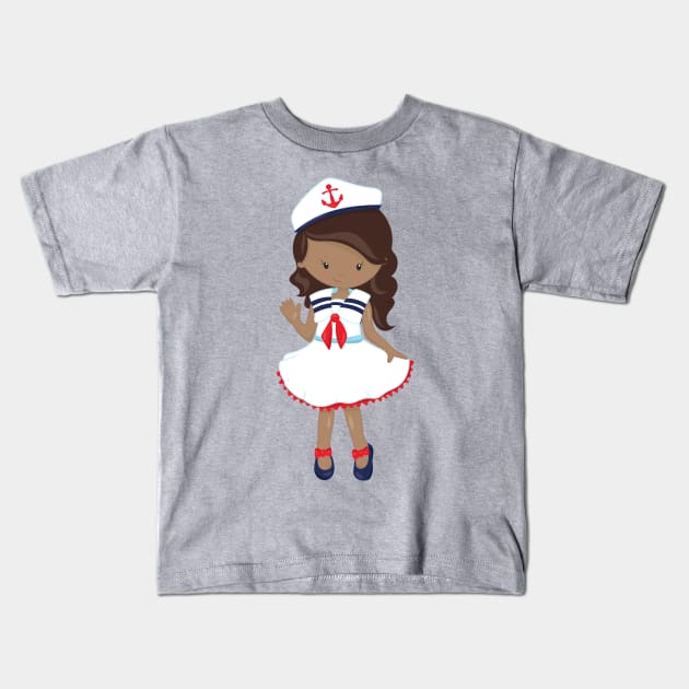 African American Girl, Boat Captain, Skipper, Sea Kids T-Shirt by Jelena Dunčević